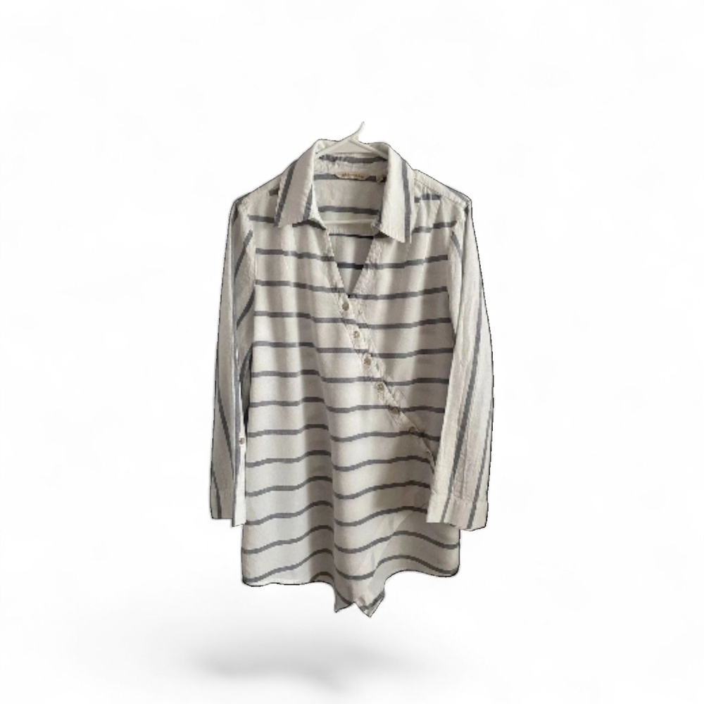 Soft Surroundings Asymmetrical Washed Tencel Tunic Top White Striped Size L
